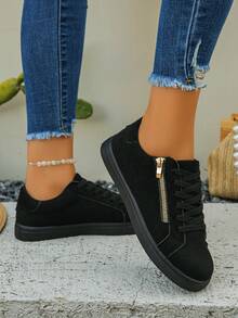 Women's New Blue Snake Skin Pattern Classic Side Zipper Casual Shoes, Fashion Versatile Lace-Up Platform Sneakers, Thick Sole Increase Height, Suitable For Students, Running, Hiking, Skateboarding - Black - View 6