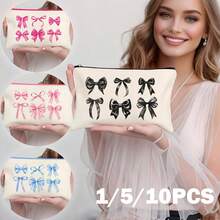 1/5/10/20pcs Cute Bow Pattern Canvas Zipper Bags Set, Y2K Style Bow Decor Jewelry Organizer Bags, Travel Cosmetic Bag, Pencil Case, Party Gift Bag Set, Toiletry Bag, Multipurpose Organizer Pouch Autumn University Essentials Travel Essentials For Holiday Vacation Travel Bag For Women Makeup Bag Makeup Organizer Make Up Bag - Beige - View 2
