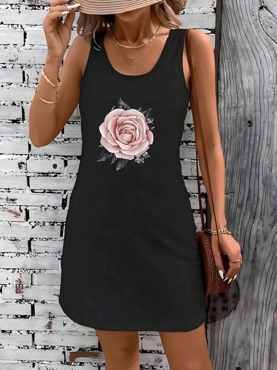 Elegant Rose Floral Design Dress - Black - View 1