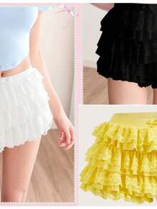 Women's Fashion Solid Color Lace Splicing Multi-Layer Shorts - Màu vàng - Xem 3