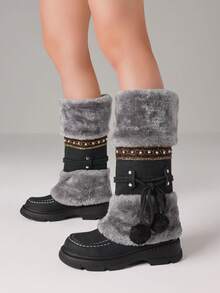 Women's Winter Furry Knee High Snow Boots Fashion Platform Chunky Heels Warm Faux Fur Lining Pull On Casual Comfy Boots Woman - 黑色 - 查看 4