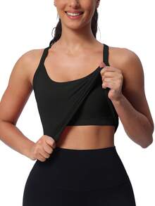 Athletic Tank Top For Women With Built In Bra, Sleeveless Gym Tops Seamless Racerback Workout Yoga Shirts - 黑色 - 查看 5