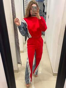 Valentine's Day, Date Night Outfit, Gifts For Her Magic Mia Women's Denim Patchwork Co-Ord Set - Matching Jeans Set With Color Block Design | Long Sleeve Tracksuit & Contrast Stitching For Streetwear Athleisure Fall And Winter - Đỏ - Xem 2