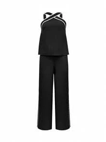 Conjunto de 2 piezas: Mono de pierna ancha con cinturón y escote cruzado de moda para mujer - Negro - Ver 4