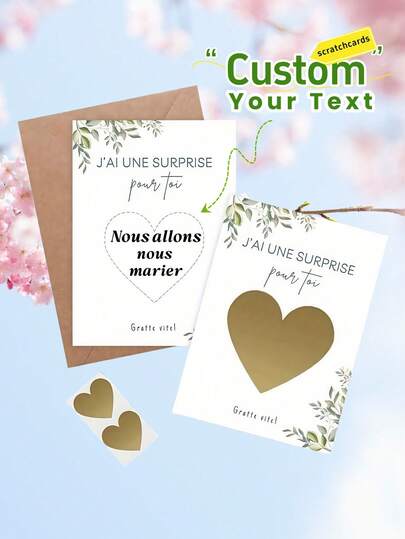 4/8/12 pièces Cartes à gratter personnalisées avec texte en français, avec autocollants à gratter en forme de cœur. Cartes de surprise personnalisées convenant pour les annonces de grossesse, les révélations d'anniversaire, les fêtes de mariage, les baby-showers ou les événements spéciaux. Idée de cadeau à gratter DIY unique, faveurs de fête créatives et amusantes, décorations de fête excitantes pour la famille, les amis et les invités. Idéal pour les anniversaires, Noël, Thanksgiving, Halloween