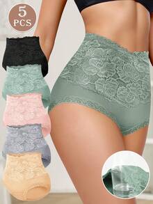 5pcs Women's Cotton High Waist Briefs, Lace Trim Triangle Panties, Soft & Comfortable Underwear For Everyday Wear - 彩色 - 查看 1