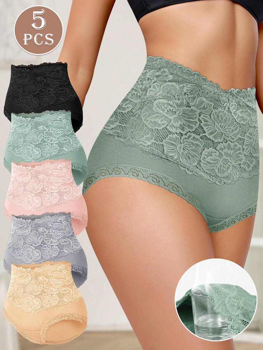 5pcs Women's Cotton High Waist Briefs, Lace Trim Triangle Panties, Soft & Comfortable Underwear For Everyday Wear - 彩色 - 查看 1