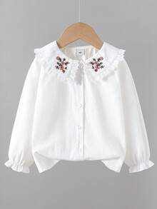 Young Girl Floral Embroidery Long Sleeve Shirt, Back To School Season, Autumn/Spring