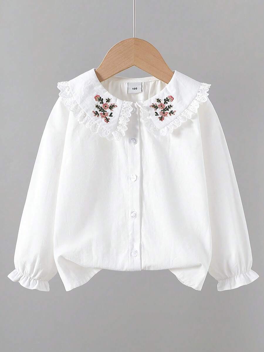 Young Girl Floral Embroidery Long Sleeve Shirt, Back To School Season, Autumn/Spring