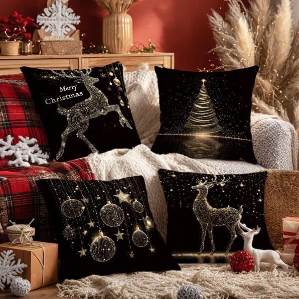 MEMNUN 4pcs Christmas Shiny Black Gold Reindeer & Christmas Tree Illustration Print Pillow Covers [No Pillow Insert], 17.7*17.7in(45*45cm)/19.69*19.69in(50*50cm)/15.75*15.75in(40*40cm), [Single-Sided Printing] Merry Christmas Polyester Throw Pillow Covers, Christmas Decor, Room Decor, Home Decor, Bedroom Decor, Room Decoration Stuff For Sofa, Living Room, Bedroom, Car, Office, Hotel, Homestay, Christmas Gifts For Family And Friends