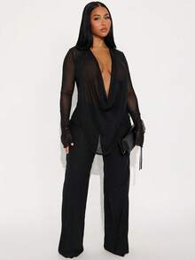 Women's Fashion Sexy Mesh Swinging Collar Strap Long Sleeve Top Slimming Pants Set Two Piece Set - 黑色 - 查看 3