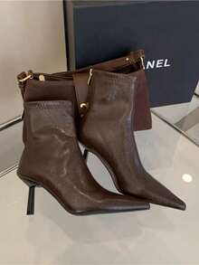 2025 新款法式尖头细跟修身踝靴，简约设计，通勤，秋冬，秋季，女士，性感，小猫跟鞋 - 棕色 - 查看 7
