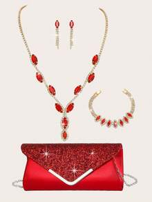 Bộ 4 vòng cổ đính đá Rhinestone màu đỏ, phù hợp với túi xách váy dạ hội bằng kim loại đính đá Rhinestone của phụ nữ, bộ vòng cổ, vòng tay, hoa tai cưới của cô dâu, phù hợp cho các bữa tiệc, đám cưới, khiêu vũ, bữa tối/bộ trang sức tiệc, quà tặng ngày lễ - Đỏ - Xem 10