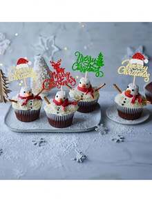 24 件“圣诞快乐”纸杯蛋糕装饰，圣诞树、驯鹿、雪人、雪橇图案纸杯蛋糕装饰，圣诞派对蛋糕装饰 - 彩色 - 查看 9