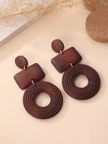 Pendientes largos de madera natural con diseño geométrico al estilo occidental para mujeres, perfectos para vacaciones en la playa, fiestas, viajes, festivales, uso diario y como regalo - Café integral - Ver 8