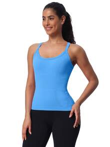 Athletic Tank Top For Women With Built In Bra, Sleeveless Gym Tops Seamless Racerback Workout Yoga Shirts - 藍色 - 查看 1