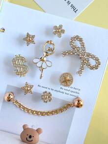Fashionable Girl Style Clogs Shoes Charms Set - Bow, Dollar Sign, Star & Flower Decor, Shiny Clogs Shoes Accessories - Gold Bow Suit - View 5