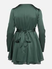 Satin Mini Dress With Deep Neckline And Tie Back - Green - View 7