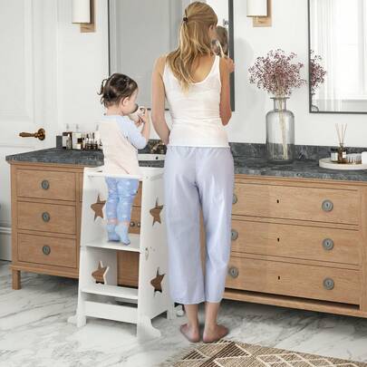  AIYAPLAY Toddler Step Stool, Standing Tower, 2 In 1 Toddler Step With Ty Rail, For Kitchen, Bathroom, Counter, White
