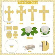 48 Pcs Baptism Centerpiece Decoration For Table First Communion 12 Golden Standing Wood Crosses For Craft 12 Metal Floral Hoop Centerpiece With Stand 24 Foam Fake Rose With Stem Party Wedding Home Decor - 如圖 - 查看 2