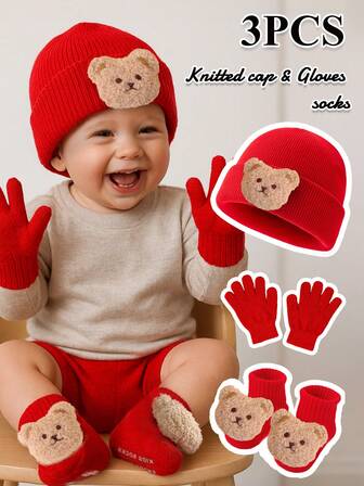 3件/套：1件装饰性3D熊针织帽，1双红色手套，1双装饰性3D熊红色袜子，柔软，舒适，可爱，温暖，适合秋冬季1-3岁婴幼儿