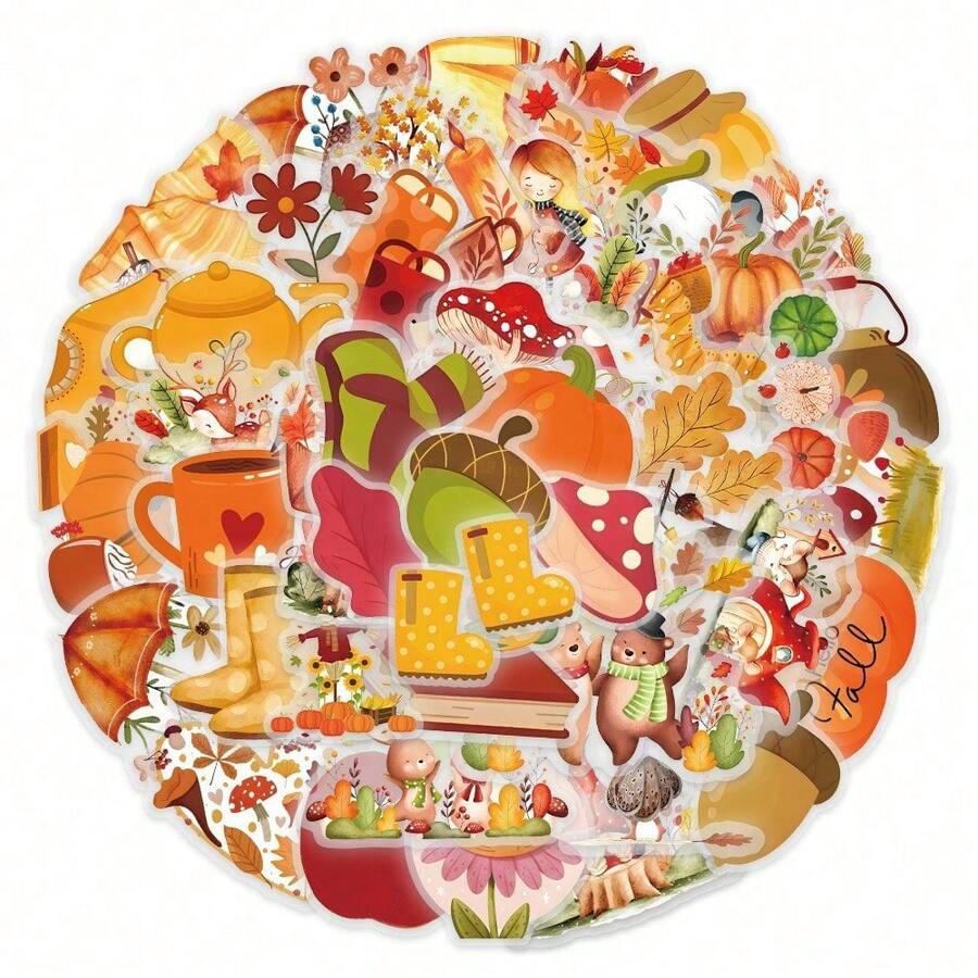 50 Watercolor Autumn Transparent Stickers, Cartoons Autumn Gadgets Mobile Phone Case Water Cup Hand Account PET Waterproof Stickers, Halloween, Back To School Label Processing Stickers