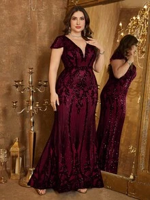 [Random Cut] UNITHORSE Plus Size Women Deep V-Neck Backless Sequin Decor Cocktail Party Dress With Shawl Sleeves Wedding Spring - Burgundy - View 4