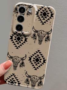 1 pieza Funda dura de teléfono con elemento geométrico bohemio occidental de vaquero perforado y filamento brillante, compatible con Samsung/ 11/12/13/14/15/16 Pro Max