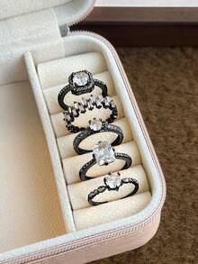 Bộ 5 nhẫn đính đá Cubic Zirconia khảm đồng thanh lịch, thời trang đơn giản, thích hợp cho đám cưới, tiệc tùng, quà tặng ngày lễ, cô dâu, Halloween, phụ nữ - Màu Đen Súng - Xem 10