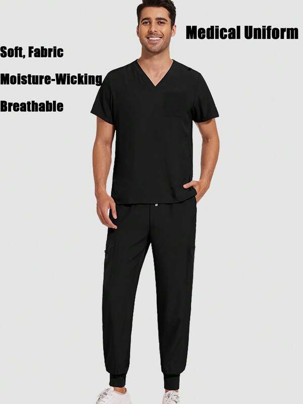 1 conjunto de uniforme de trabalho para clínica odontológica com absorção de umidade masculino, uniforme de enfermagem multifuncional de bolso