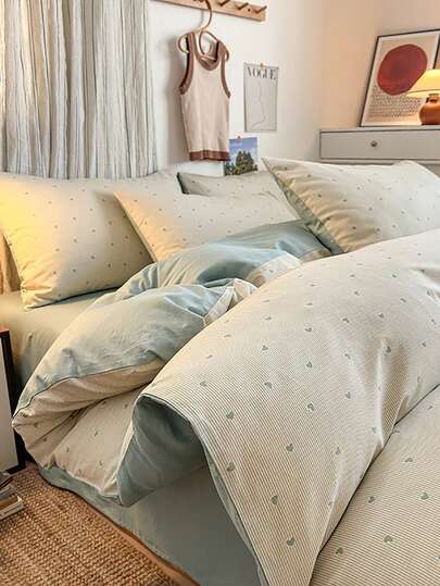 3pcs 100% Polyester Vintage Striped Heart Print Duvet Cover Set, 2 Pillow Shams + 1 Duvet Cover (No Bed Sheet)