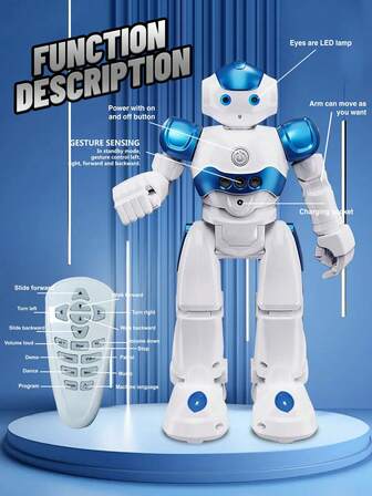 1pc Children's Remote Control Robot Toy, Remote Control Robot Story Music Multi-Functional Remote Control Toy, Programmable Robot, Gesture Sensing Programmable Smart Remote Control Robot, Built-In Rechargeable Battery, Suitable For 3 4 5 6 7 8 9 10 11 12 Years Old Boys Girls Birthday Gift Children's Day Halloween Christmas Gift (Blue)
