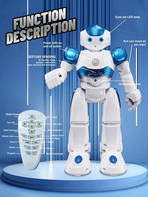 1pc Children's Remote Control Robot Toy, Remote Control Robot Story Music Multi-Functional Remote Control Toy, Programmable Robot, Gesture Sensing Programmable Smart Remote Control Robot, Built-In Rechargeable Battery, Suitable For 3 4 5 6 7 8 9 10 11 12 Years Old Boys Girls Birthday Gift Children's Day Halloween Christmas Gift (Blue)