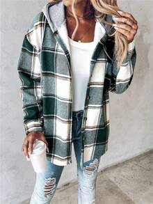 Women's Autumn Winter Clothing Casual Plaid Hooded Jacket Coat - 綠色 - 查看 5