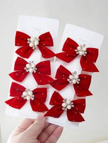 5pcs/Set Girls Velvet Butterfly Clips With Pearl Flower Decor, Red Fabric Hair Clips, Barrettes, Side Clips, Bangs Clips, Rhinestone Hair Accessories, Suitable For Valentine's Day, Christmas, Daily Use - Red - View 3