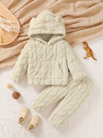 2 件套女婴纹理羊毛连帽运动衫（带口袋）和松紧腰羊毛裤套装，秋冬