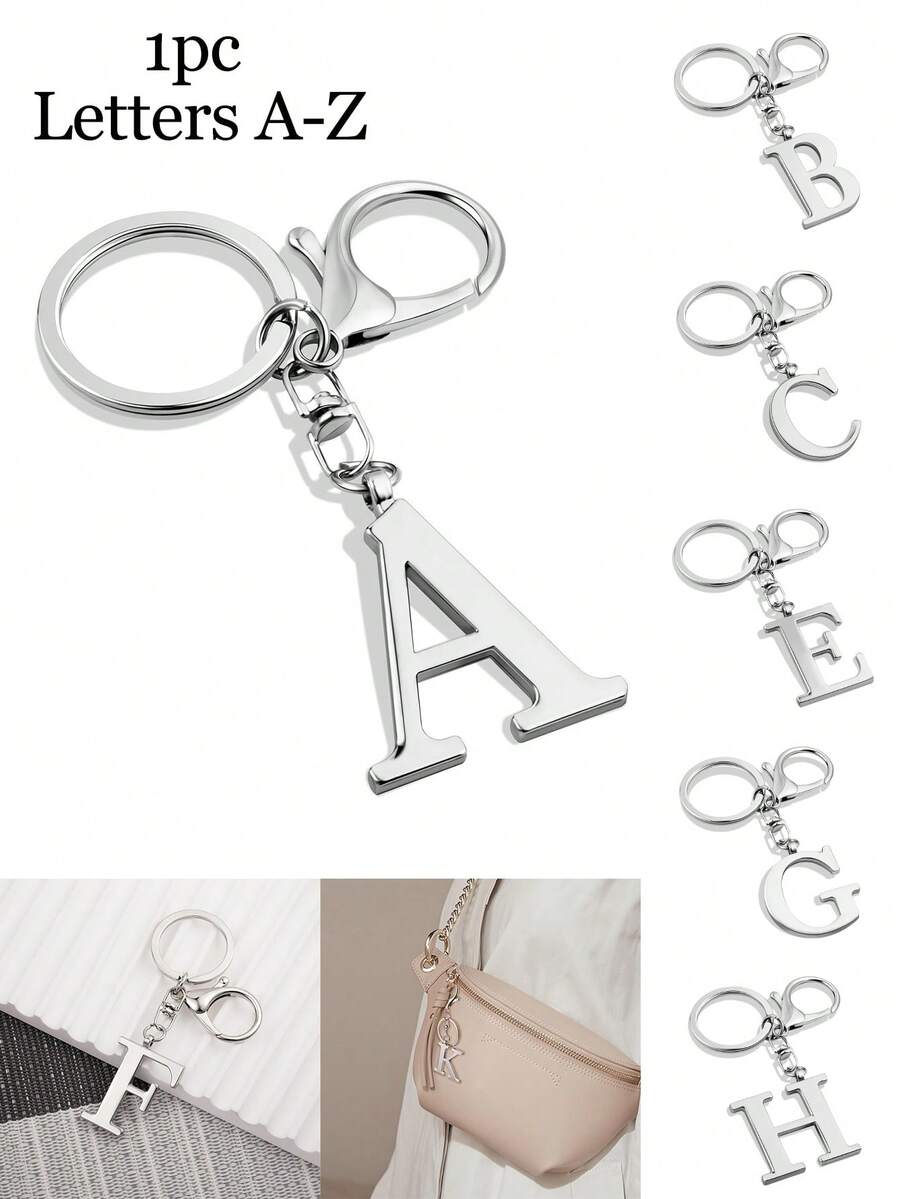 1pc Elegant Silver Letter Keychain, A-Z Alphabet Pendant, Fashionable Alloy Key Chain, Can Be Hung On Bags Or Car Keys, Perfect Accessory For Daily Use, Also A Great Gift For Couples, Friends And Family