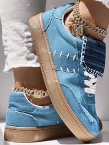 女士蓝色休闲运动鞋，系带舒适轻便平底鞋，学院风帆船鞋，开学季新品 - 藍色 - 查看 8