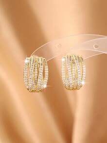 1 对简约几何耳环，铜质微镶锆石，时尚优雅，适合日常通勤 - 金色 - 查看 2