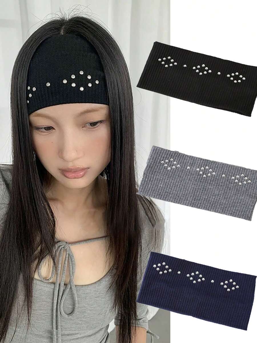 1 件宽纯色水钻菱形头带，复古街头嘻哈风格，别致简约的设计，时尚配饰，女士围巾秋季发带运动发饰女式头巾休闲吸汗带秋季发带冬季度假装女士 - 彩色 - 查看 1