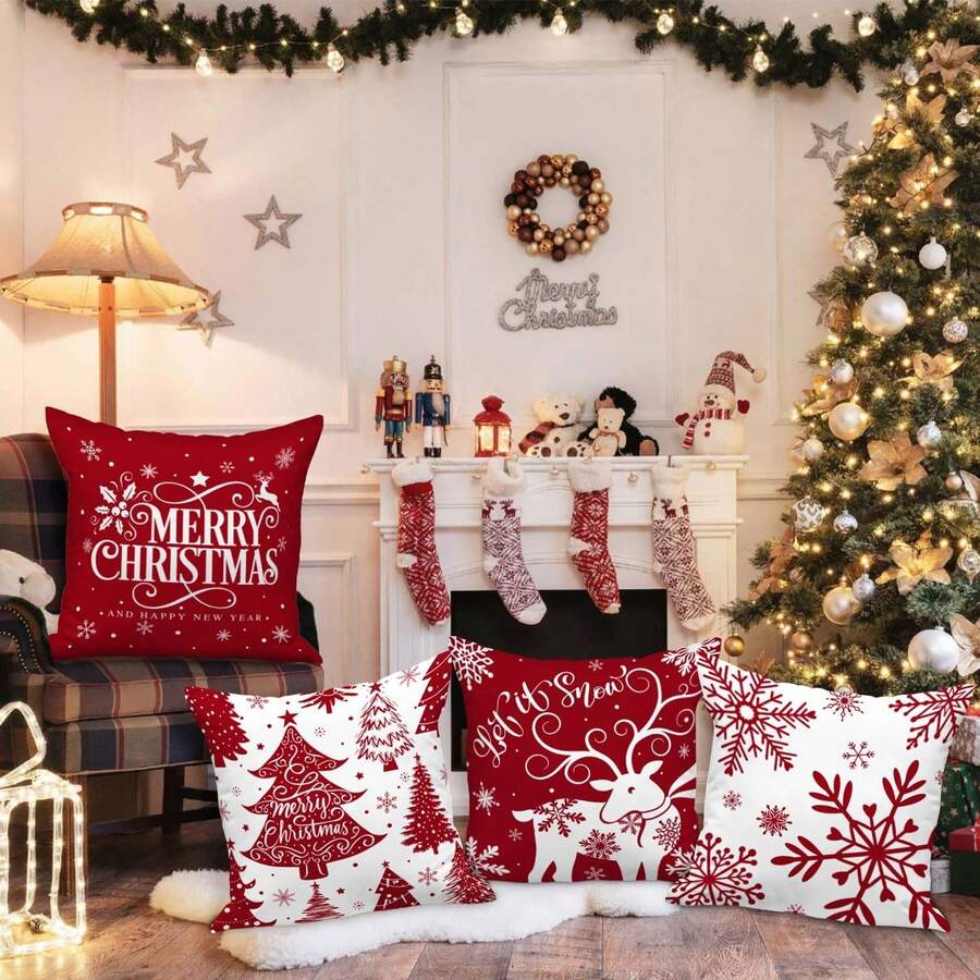 4PCS White And Red Christmas Pillowcase Decorative Winter Snowflake Throw Pillow Cover Christmas Cushion Cover Indoor Sofa Room Decoration Red Single Sided Pillow Core Free - Red and White - View 1