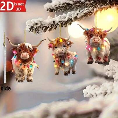 2D Flat, 3 Piecescute Highland Cow Christmas Tree Ornament Acrylic Home Outdoor Holiday Decoration, Suitable For Christmas Best Choice