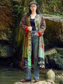 LUZU JUNU Women's Trench Coat Floral Print Long Cotton Linen Jacke Cottagecore Clothing Patchwork Outwear Bohemian Unique - 綠色 - 查看 4