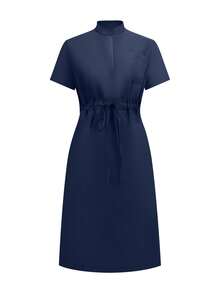 cimmuovere Women's Solid Color Short Sleeve Multi-Pocket Waist Tie Scrubs Nurse Scrubs Workwear Dentist Healthcare Pet Hospital Laboratory Dress