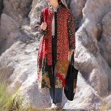 LUZU JUNU Women's Trench Coat Floral Print Long Cotton Linen Jacke Cottagecore Clothing Patchwork Outwear Bohemian Unique - 黃色暖色絎縫 - 查看 2