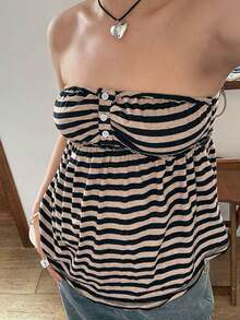 Women Y2k Tube Top Button Sleeveless Backless Strapless Bandeau Cute Aesthetic Summer Going Out Club Party Tank Tops - Apricot - View 5