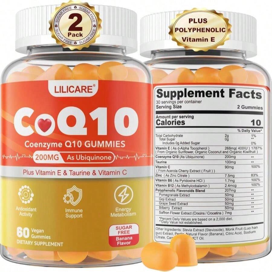 LILICARE Sugar-Free CoQ10 200mg Gummies - Coenzyme Q10 W_Taurine, Vitamin E, C, B6, B12, Zinc - High Absorption CoQ10 Supplement For Antioxidant, Cellular Energy &Amp; Hear-T Health, Vegan 120 C - White - View 1