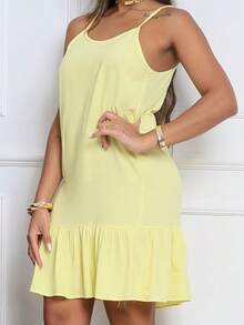 Loose Women's Dress With Adjustable Straps - Viscose Fabric - Vàng nhạt - Xem 5