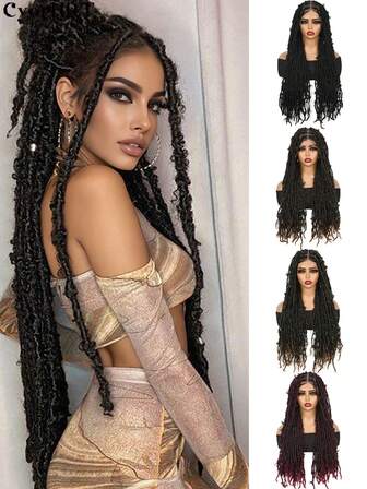 30 英寸全蕾丝假发，无结编织时尚卷发辫子，合成全蕾丝女士假发，带婴儿头发编织，可编织假发，黑色、黑色渐变色、棕色、勃艮第色，多色，适合女性日常节日派对和音乐节万圣节