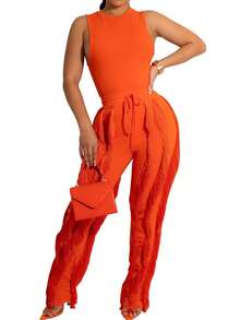Women 2 Piece Outfits Fringe Tassel Long Pants Set Adjustable Suspenders Bodysuit Strap Clubwear Jumpsuits Solid Color Wave Pattern, V-Neck Suitable For All Seasons, Elegant Backless  Semi Transparent Camisole Straight Leg Pants For Spring And Summer - 橘色 - 查看 1